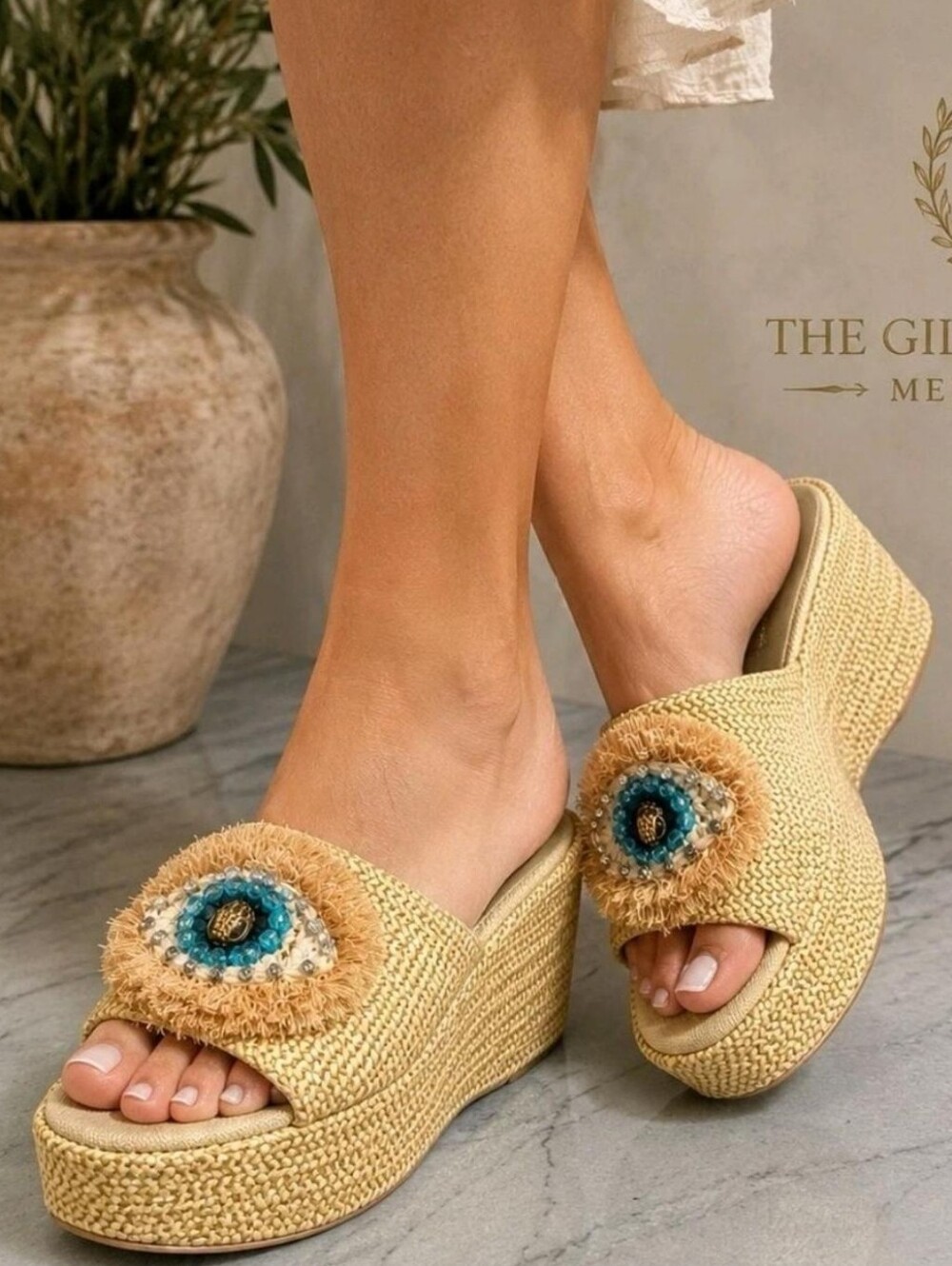 Kurt Geiger kensington Evil Eye Raffia Platform Mule Sandals Size 40 US 9